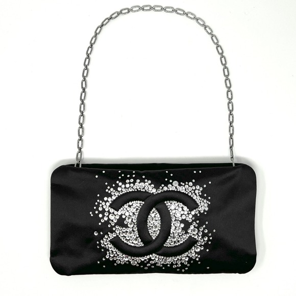 Chanel Satin Crystal CC Clutch Shoulder Bag Black Silver Chain - Picture 3 of 9